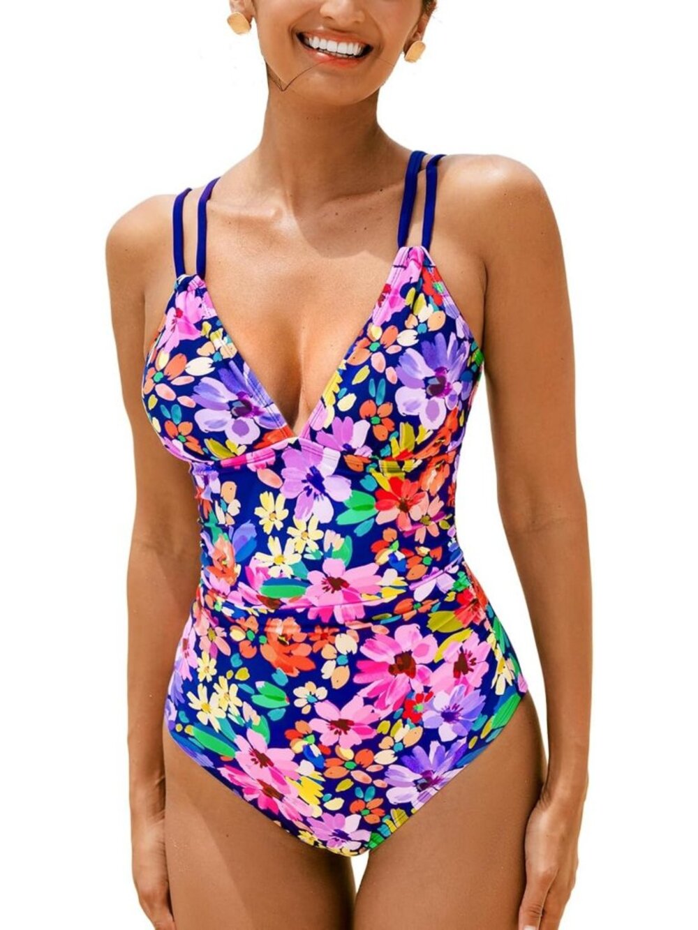 Stylish V Neck One Piece Cutout Swimsuit with Tummy Control for Women